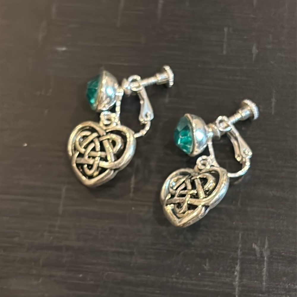 Silver Celtic Knot Drop Dangle Earrings Green Gemstone Rhinestone Screw Back - Picture 3 of 5